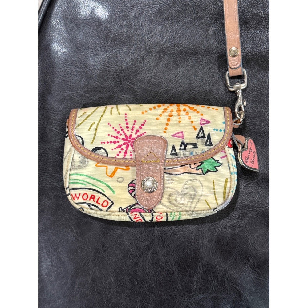 Dooney & Bourke Wristlet‎ Pouch Cream Multi Color Doodle Print Leather Trim